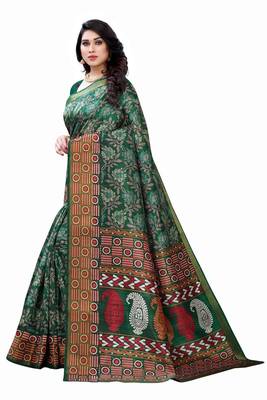 Green Art Silk Floral Printed Saree With Blouse 2