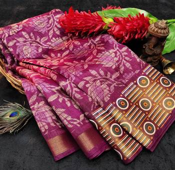 Purple Art Silk Floral Printed Saree With Blouse 5
