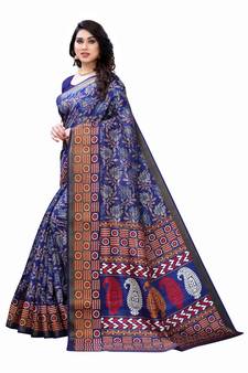 Blue Art Silk Floral Printed Saree With Blouse