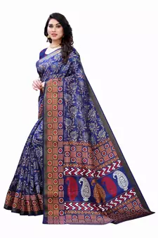 Blue Art Silk Floral Printed Saree With Blouse