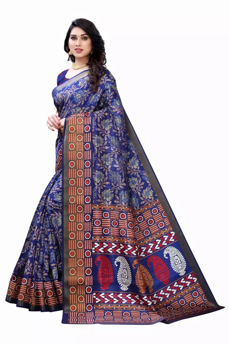 Blue Art Silk Floral Printed Saree With Blouse