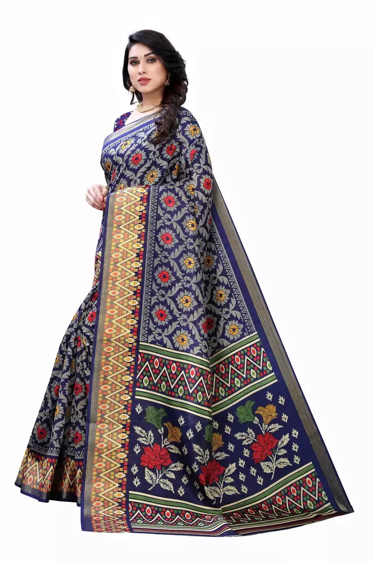 Blue Art Silk Floral Printed Saree With Blouse