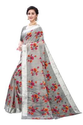 Grey Art Silk Floral Printed Saree With Blouse 2