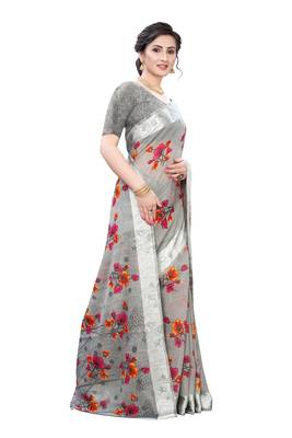 Grey Art Silk Floral Printed Saree With Blouse 3