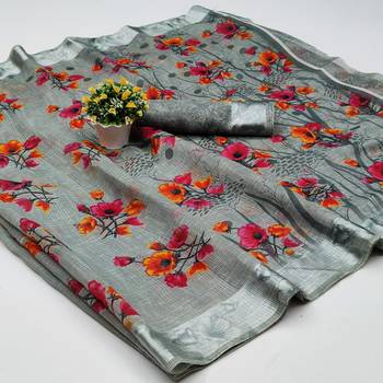 Grey Art Silk Floral Printed Saree With Blouse 5