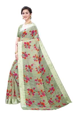Green Art Silk Floral Printed Saree With Blouse 2