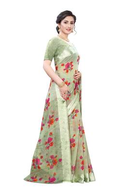 Green Art Silk Floral Printed Saree With Blouse 3