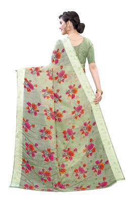 Green Art Silk Floral Printed Saree With Blouse 4