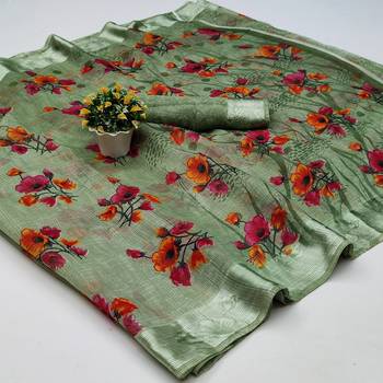 Green Art Silk Floral Printed Saree With Blouse 5