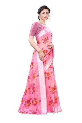 Pink Art Silk Floral Printed Saree With Blouse 3