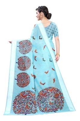 Blue Art Silk Floral Printed Saree With Blouse 3