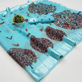 Blue Art Silk Floral Printed Saree With Blouse 4