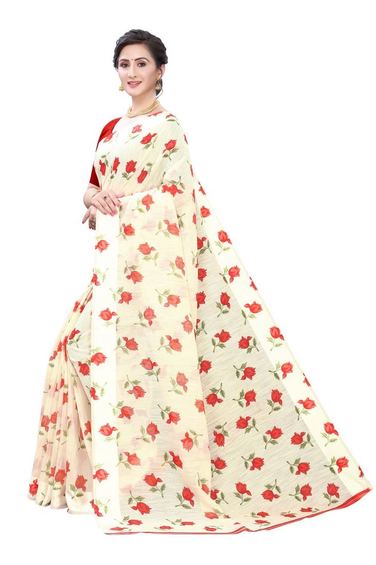 Cream Saree With Red Floral Print Art Silk Saree With Blouse