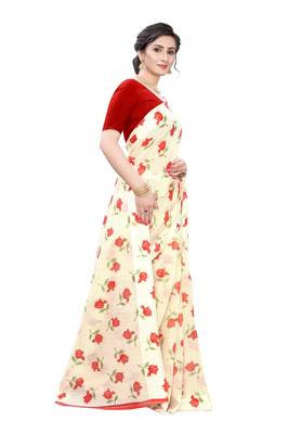 Cream Saree With Red Floral Print Art Silk Saree With Blouse 3