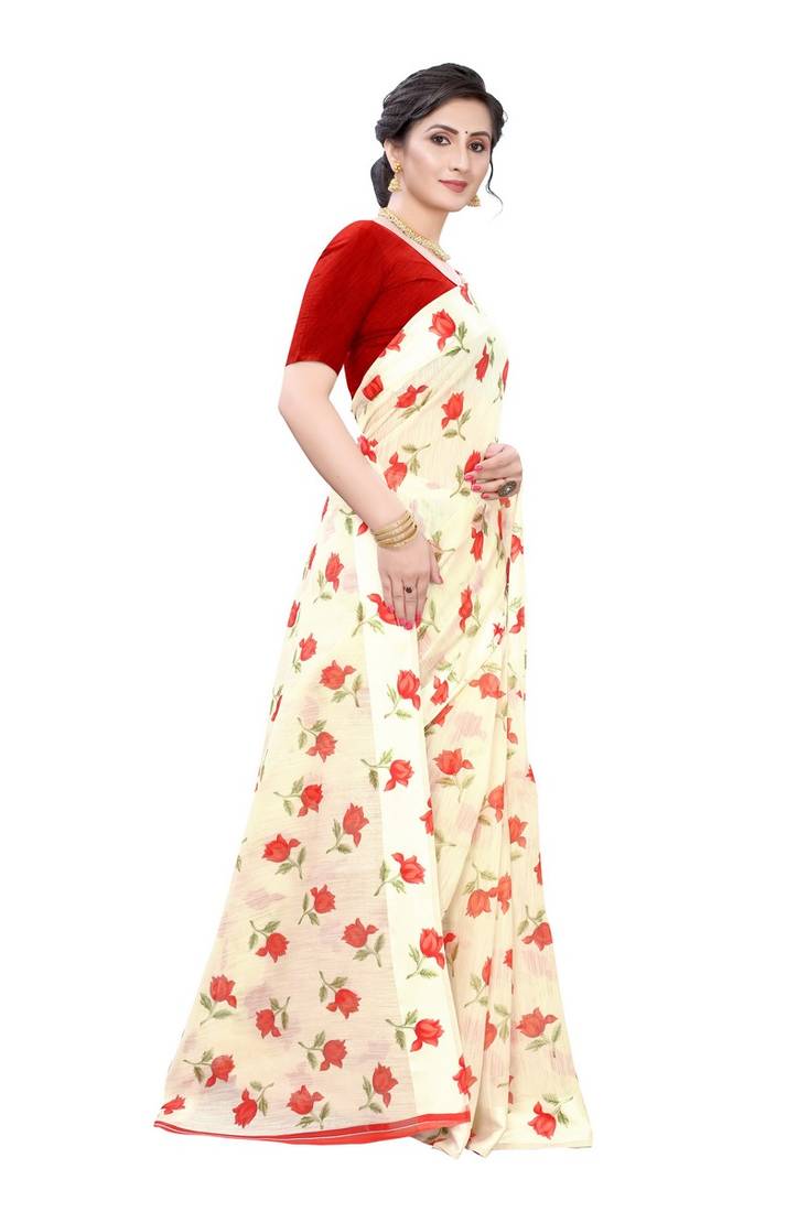 Cream Saree With Red Floral Print Art Silk Saree With Blouse