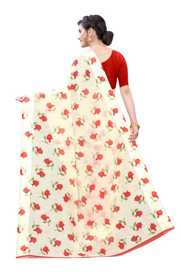 Cream Saree With Red Floral Print Art Silk Saree With Blouse
