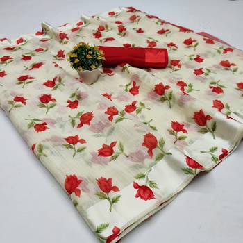 Cream Saree With Red Floral Print Art Silk Saree With Blouse 6