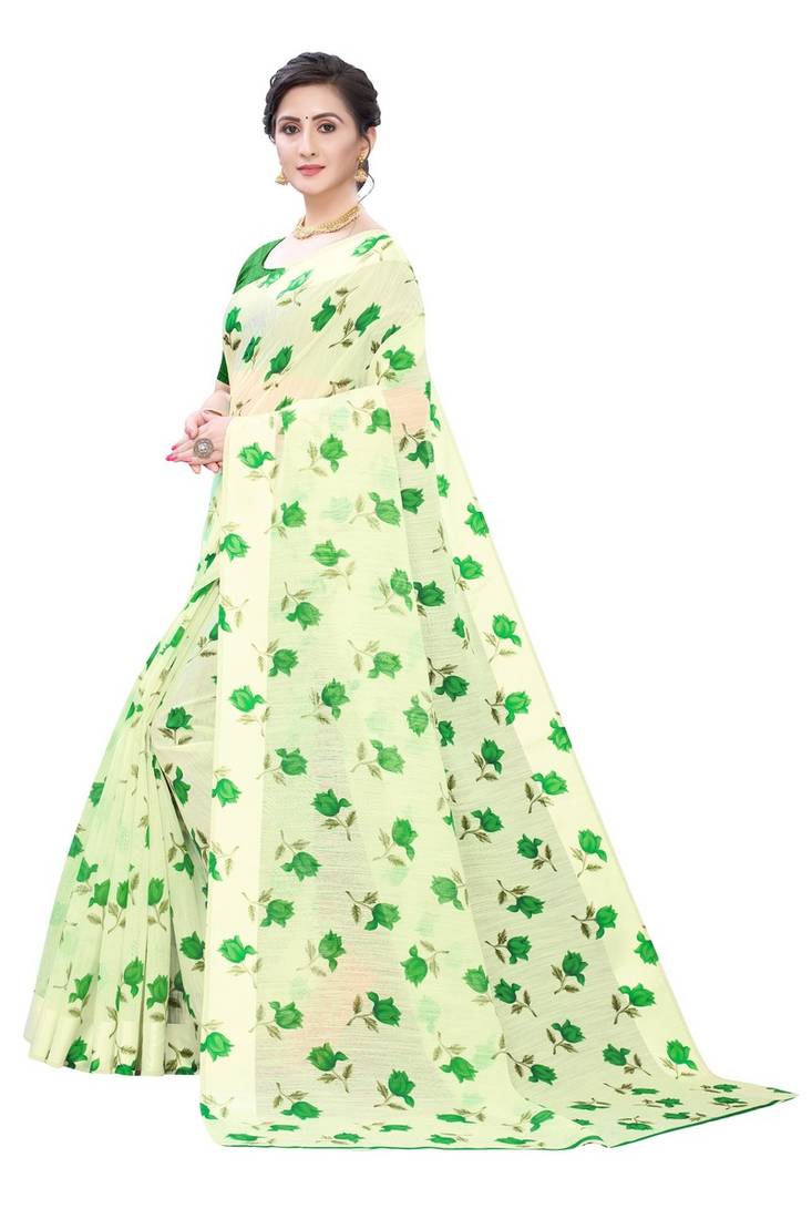 Cream Saree With Green Floral Print Art Silk Saree With Blouse