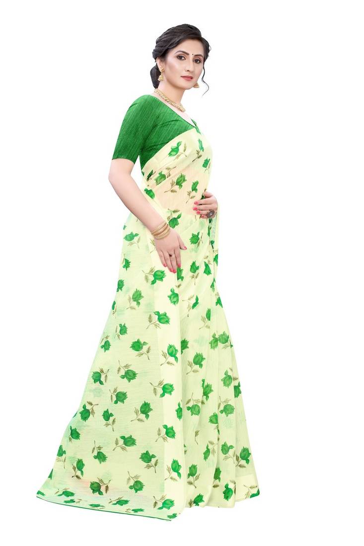 Cream Saree With Green Floral Print Art Silk Saree With Blouse