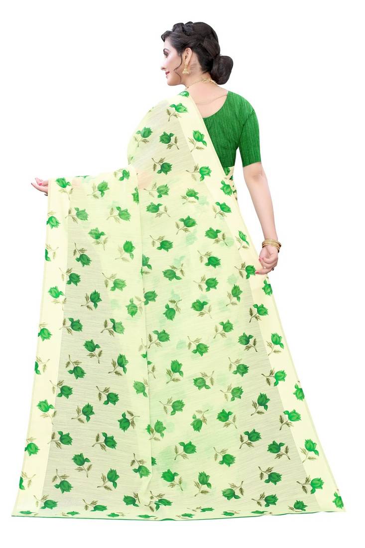 Cream Saree With Green Floral Print Art Silk Saree With Blouse