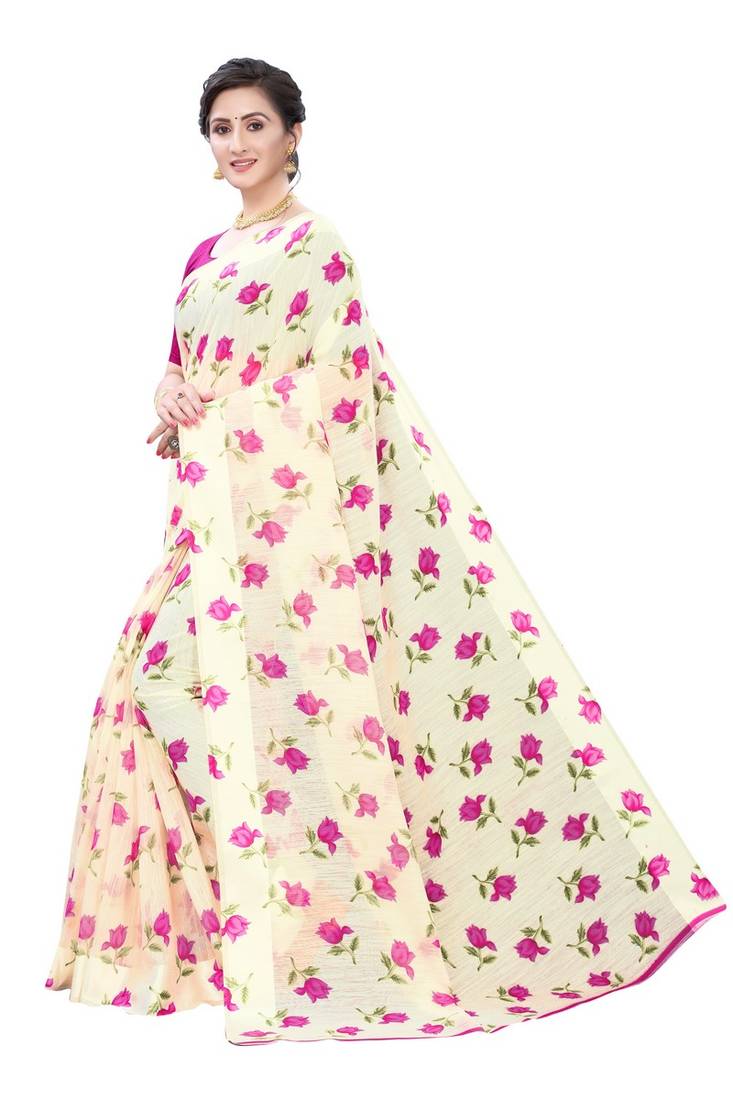 Cream Saree With Pink  Floral Print Art Silk Saree With Blouse