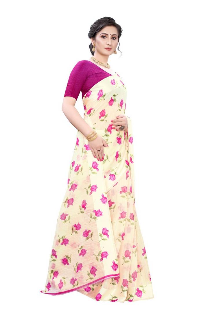 Cream Saree With Pink  Floral Print Art Silk Saree With Blouse