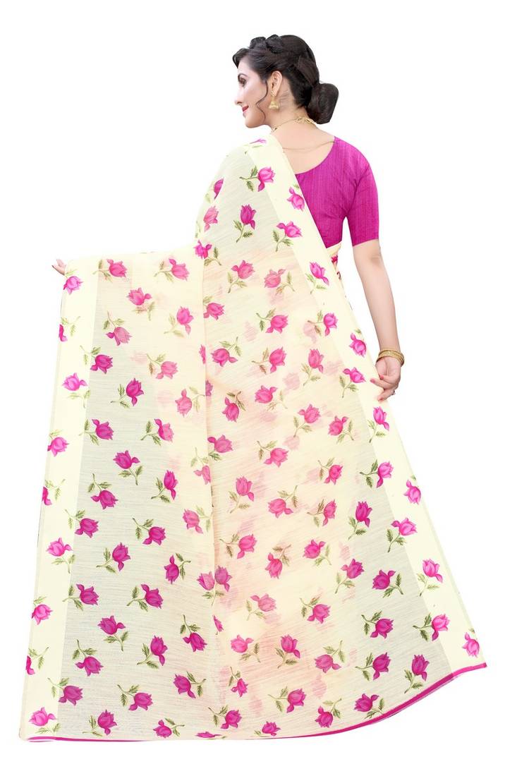 Cream Saree With Pink  Floral Print Art Silk Saree With Blouse