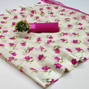 Cream Saree With Pink  Floral Print Art Silk Saree With Blouse 6