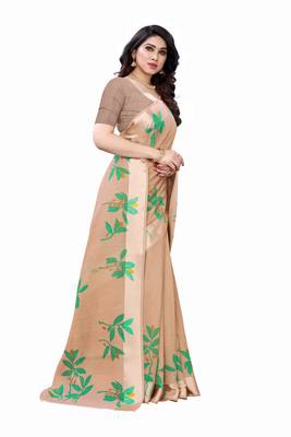 Brown & Green Art Silk Floral Print Saree With Blouse 3