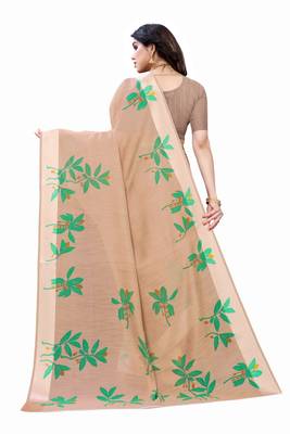 Brown & Green Art Silk Floral Print Saree With Blouse 4