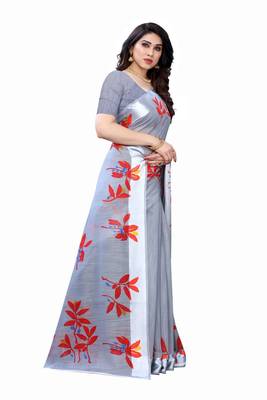 Grey & Red Art Silk Floral Print Saree With Blouse 3