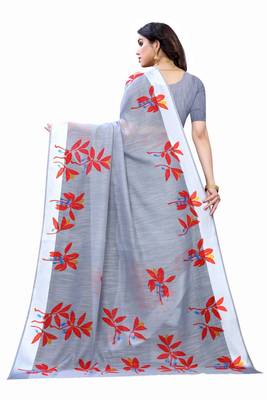 Grey & Red Art Silk Floral Print Saree With Blouse 4