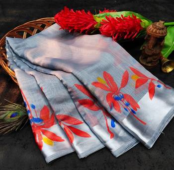 Grey & Red Art Silk Floral Print Saree With Blouse 5