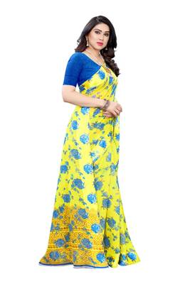 Yellow Saree With Blue Floral Print Art Silk Saree With Blouse 3