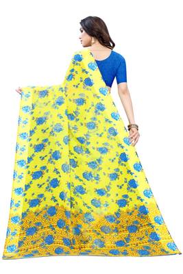 Yellow Saree With Blue Floral Print Art Silk Saree With Blouse 4