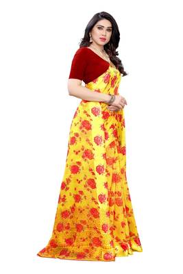 Yellow Saree With Red Floral Print Art Silk Saree With Blouse 3