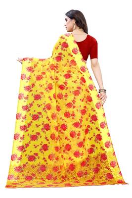 Yellow Saree With Red Floral Print Art Silk Saree With Blouse 4
