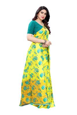 Yellow Saree With Blue Floral Print Art Silk Saree With Blouse 3