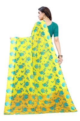 Yellow Saree With Blue Floral Print Art Silk Saree With Blouse 4