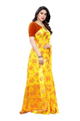 Yellow Saree With Orange Floral Print Art Silk Saree With Blouse 3