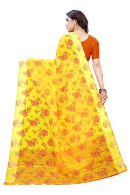 Yellow Saree With Orange Floral Print Art Silk Saree With Blouse 4