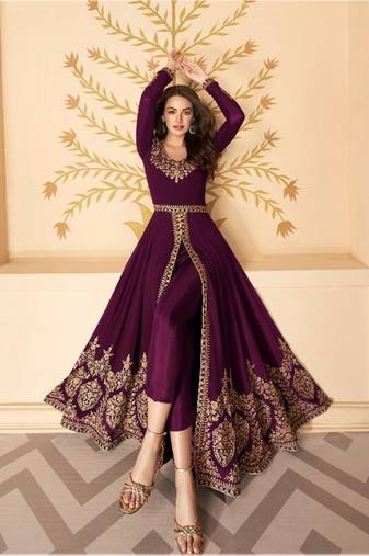 Wine Slit Style Zari Embroidered Anarkali Pant Suit