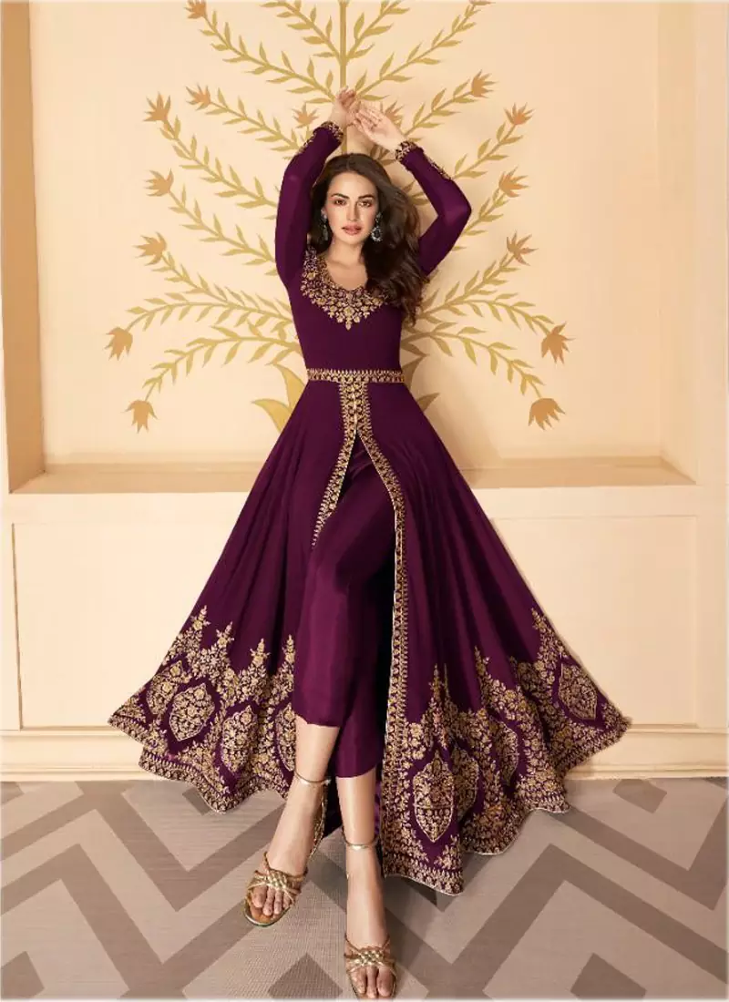 Wine Slit Style Zari Embroidered Anarkali Pant Suit