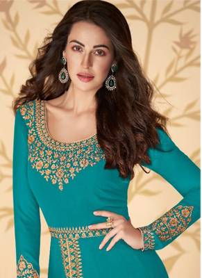 Sea Blue Net Embroidered High Slit Anarkali Salwar Suit 2