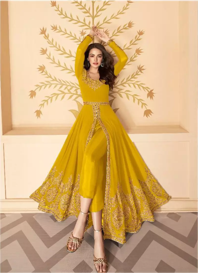 Yellow Slit Style Zari Embroidered Anarkali Pant Suit