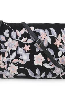 Anekaant Verdant Black & Grey Floral Embroidered Polysuede & Leatherette Sling Bag