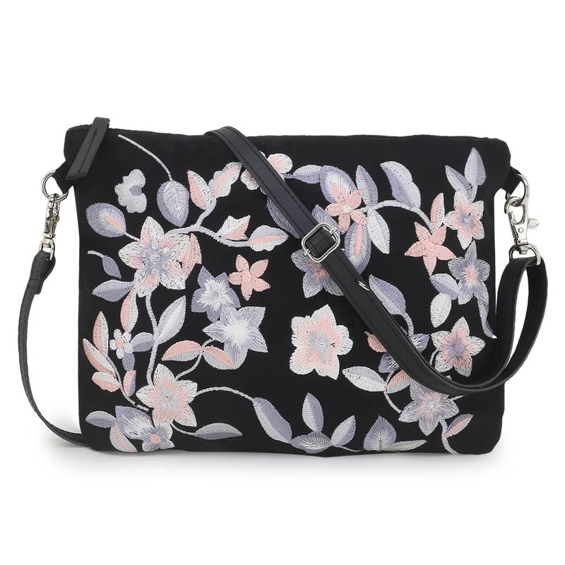 Anekaant Verdant Black & Grey Floral Embroidered Polysuede & Leatherette Sling Bag