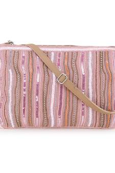 Anekaant Glid Dusty Pink & Multi Striped Sequined Cotton Handloom & Leatherette Sling Bag