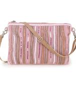 Anekaant Glid Dusty Pink & Multi Striped Sequined Cotton Handloom & Leatherette Sling Bag