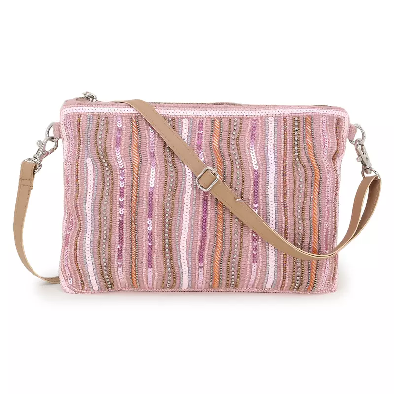 Anekaant Glid Dusty Pink & Multi Striped Sequined Cotton Handloom & Leatherette Sling Bag